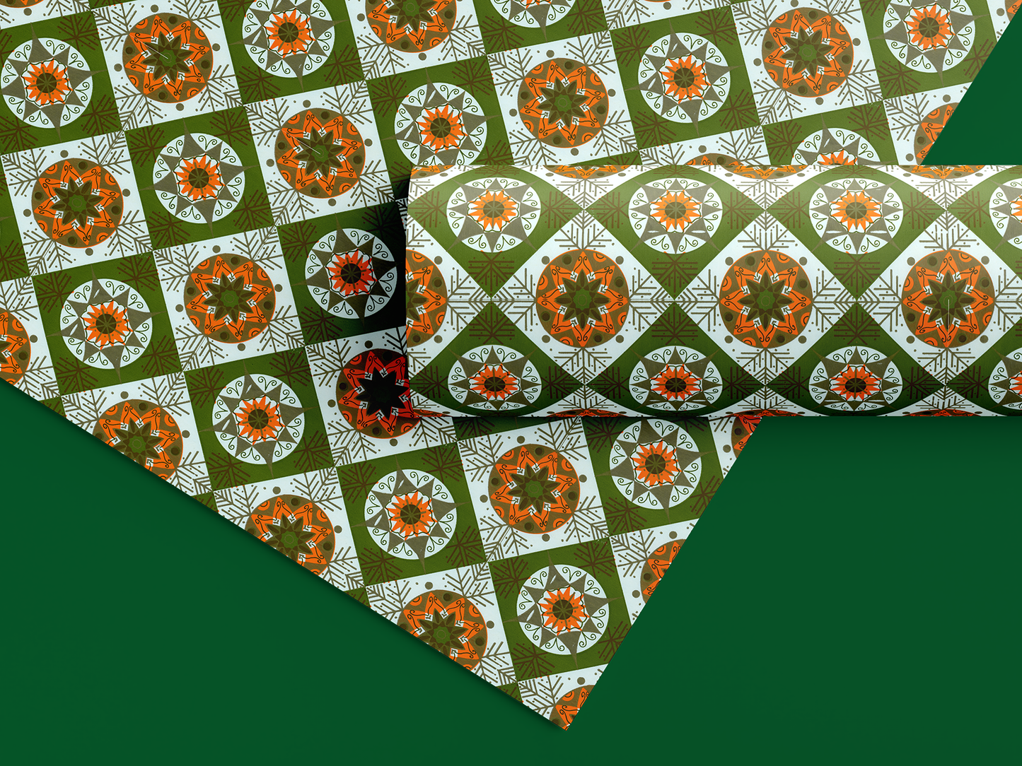 Olive Green and Orange Stylized Snowflakes