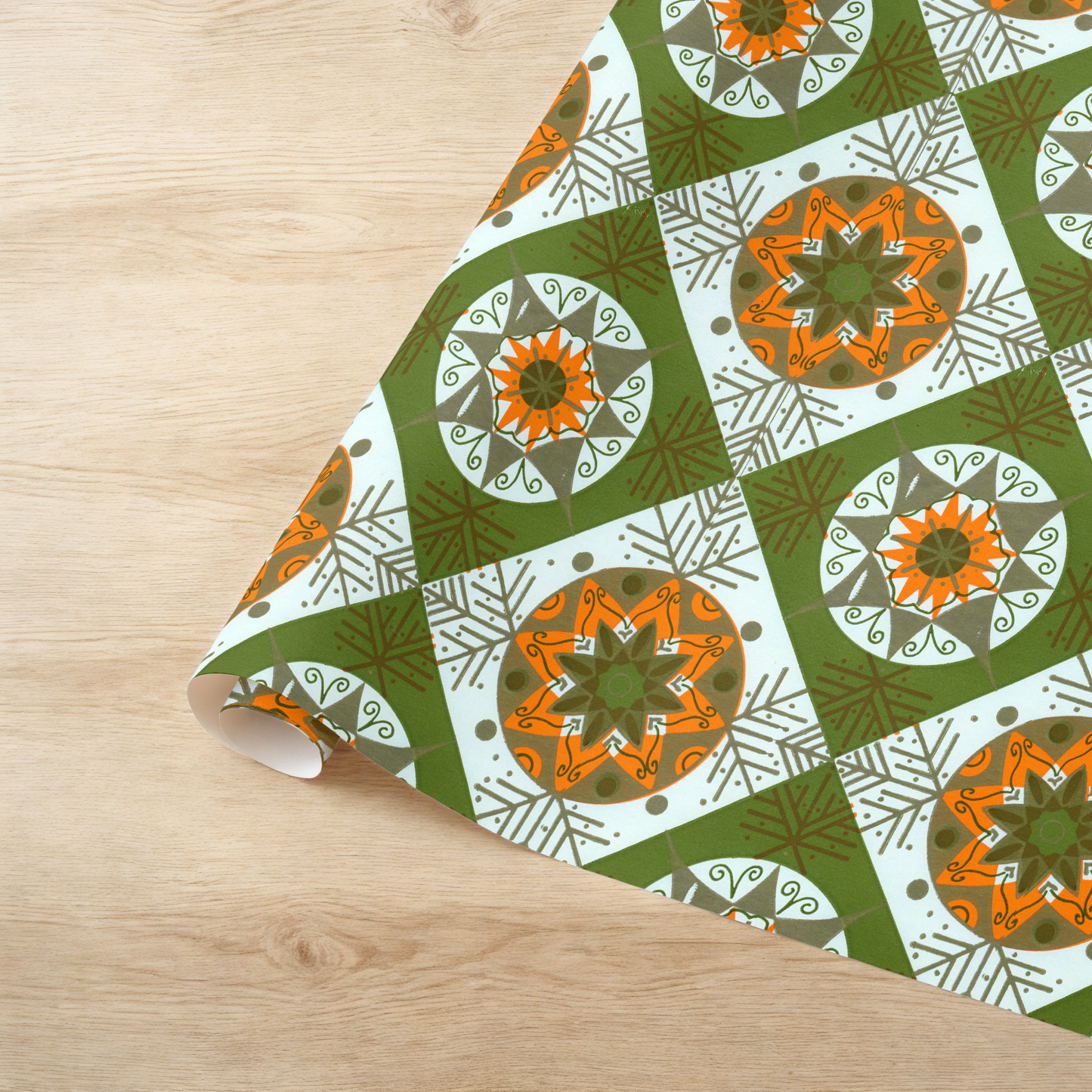 Olive Green and Orange Stylized Snowflakes