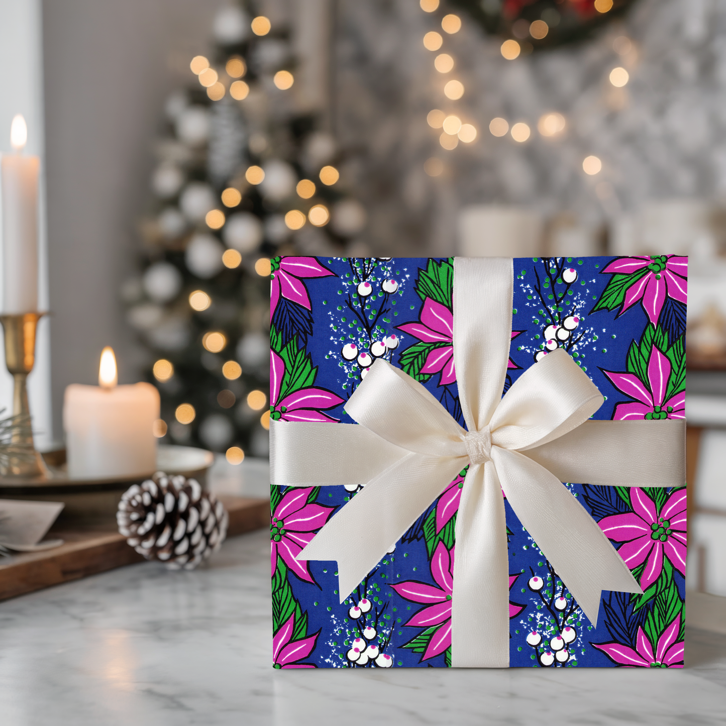 Pink poinsettias on blue